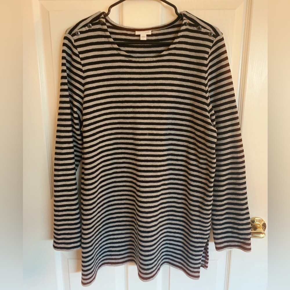 J. Jill Black Gray Stripe Tunic Sweater Long Sleeve Button Detail
